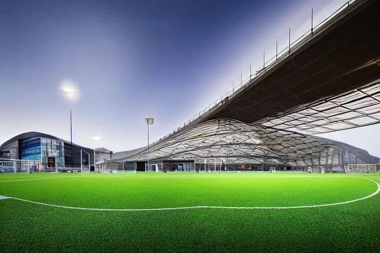 Image similar to architecture photo modern fachwerk footbal field with Elbrus mountain on the background, architecture, photorealism 8k , shining and happy atmosphere, uplight, high details