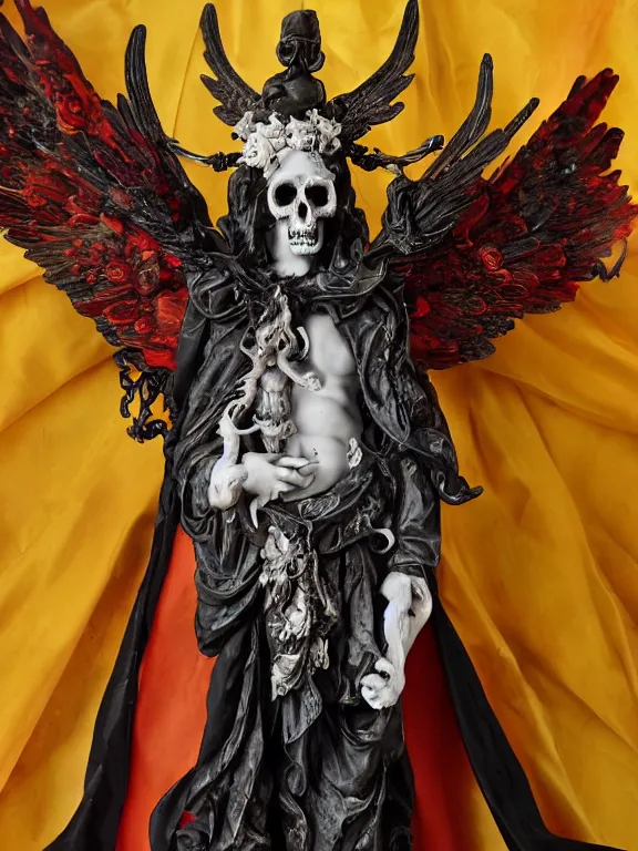 Prompt: a baroque delicate marble sculpture of handsome Lucifer with wings and wreath of skulls holding a flaming skull, dressed in a fire dress, stands in the pose of a super hero on a golden stone, silk flowing fabric, flying red demons, marble white skulls, black plastic, black tar particles, Greek elements, human teeth. full-length view. baroque element. intricate artwork by caravaggio. many many bats flying in the background. Trending on artstation. halo. octane render, cinematic, hyper realism, octane render, 8k, depth of field, bokeh. iridescent accents. vibrant. teal and gold and sakura color scheme