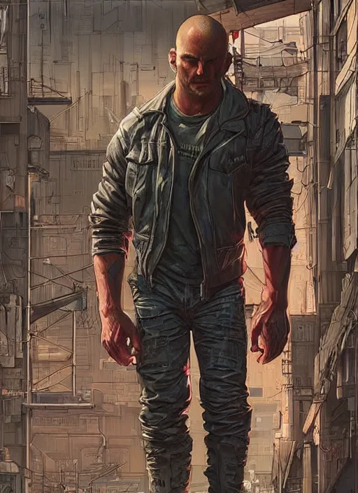Image similar to Dumb Bubba. Buff cyberpunk meathead losing a fight. Realistic Proportions. Epic painting by James Gurney and Laurie Greasley. Moody Industrial setting. ArtstationHQ. Creative character design for cyberpunk 2077.