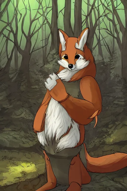 Prompt: a medieval anthropomorphic fox furry fursona with a fluffy tail in a forest, backlighting, trending on artstation, cartoon, trending on furaffinity, furry art, by kawacy, warm lighting, digital art