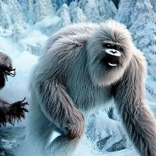 Image similar to a high detailed realistic photo of a yeti and sasquatch fighting