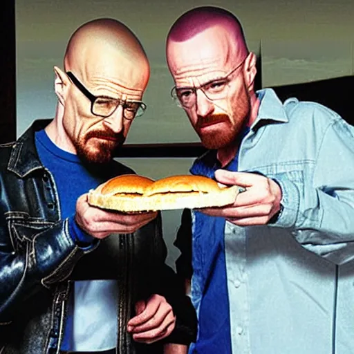 Image similar to walter white and jesse pinkman eating hamburger