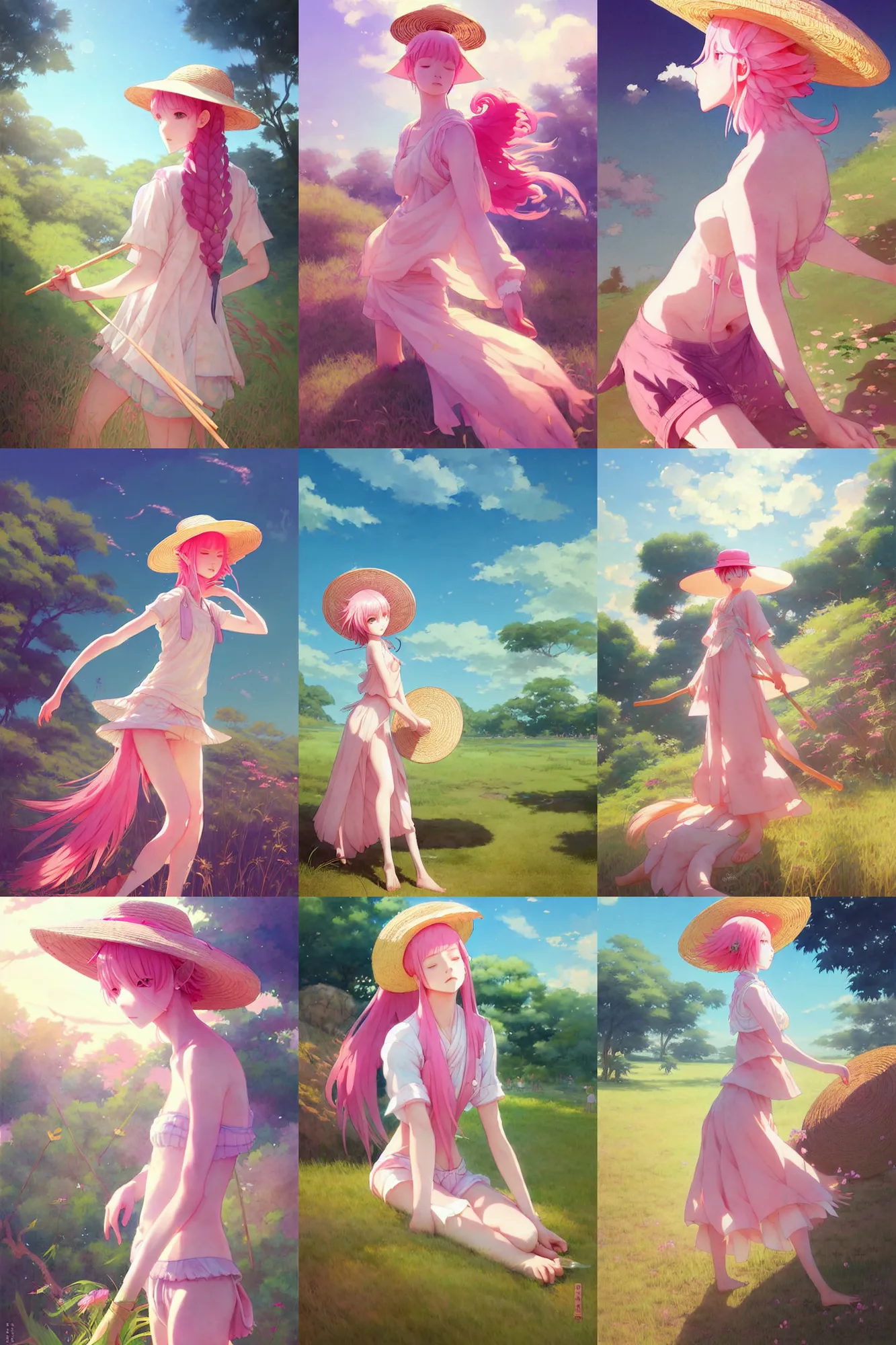 Prompt: a girl with pink hair with straw hat dancing in the nature, a beautiful full body illustration, top lighting, perfect shadow, soft painting, leaning towards watercolor, art by hidari and krenz cushart and wenjun lin and akihiko yoshida and caidychen and wlop and artgerm