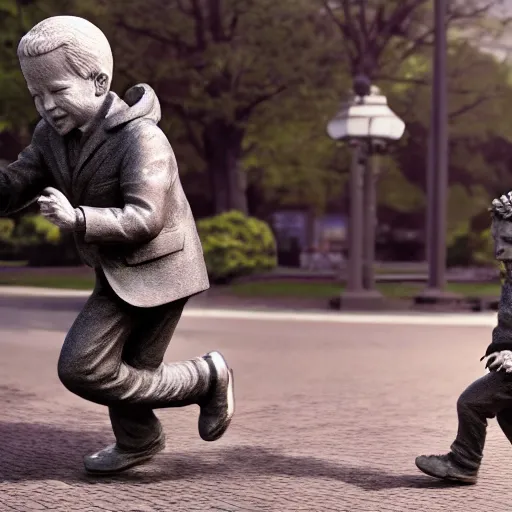 Image similar to a statue of joe biden chasing a child, octane render, 3 d render, 4 k, hyper realistic, super detailed.