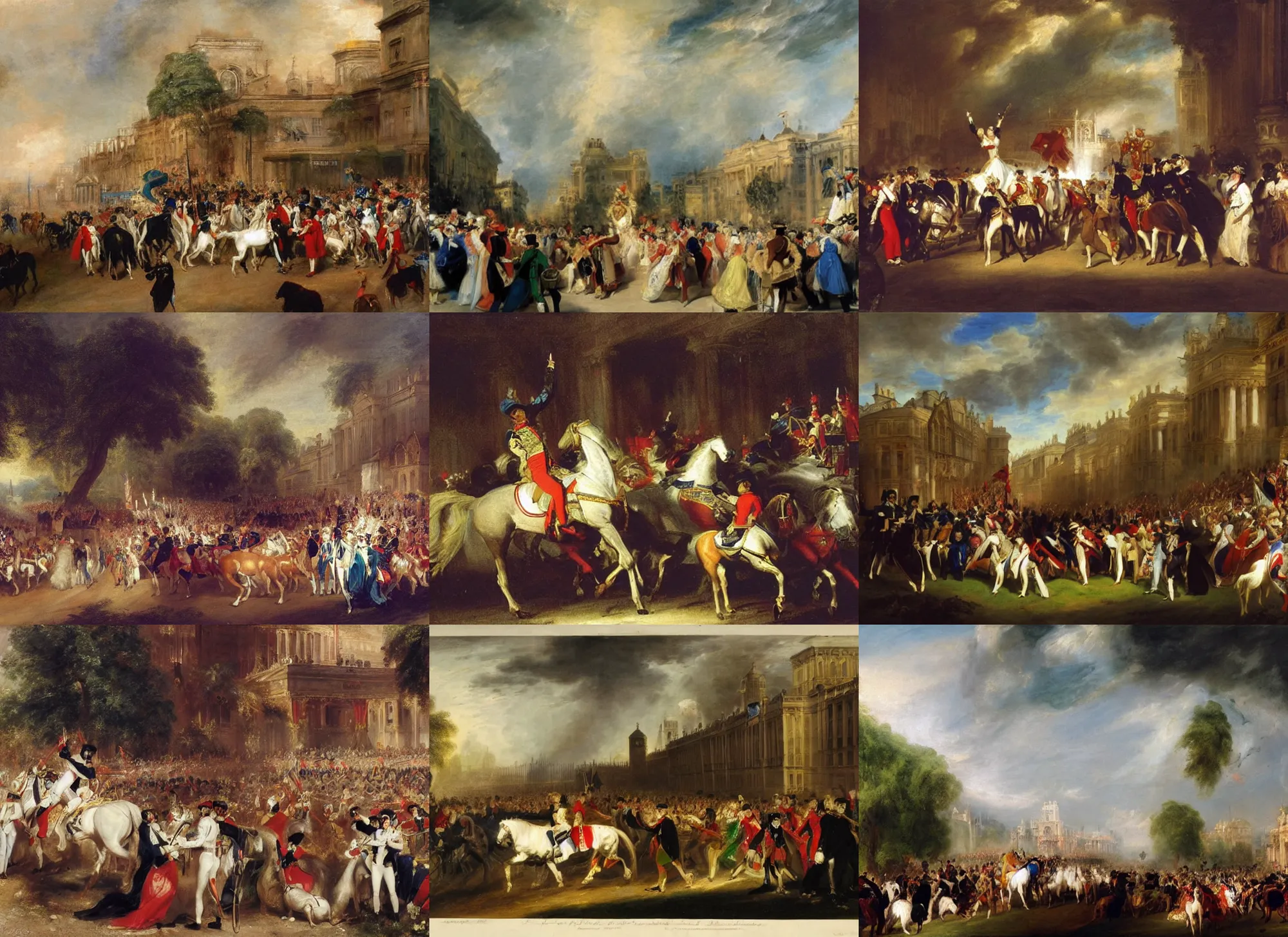 Prompt: 1 9 th century london, art by thomas lawrence, robert rubert and john martin, royal celebrations, horses, coherent composition,