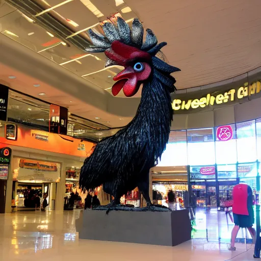 Image similar to giant rooster next to a small rooster inside a shopping mall