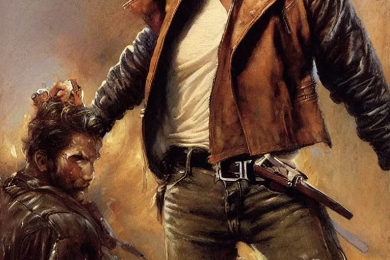 Image similar to a thirty - five year old contract killer named cobalt. he wears a brown leather jacket with a bloody white t - shirt tucked into his jeans. art by gaston bussiere.