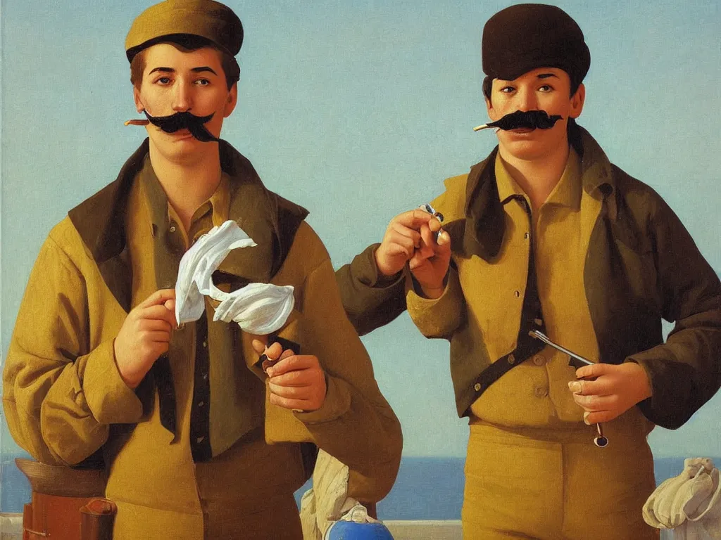 Prompt: young russian sailor with a mustache smoking a pipe, by andrey remnev