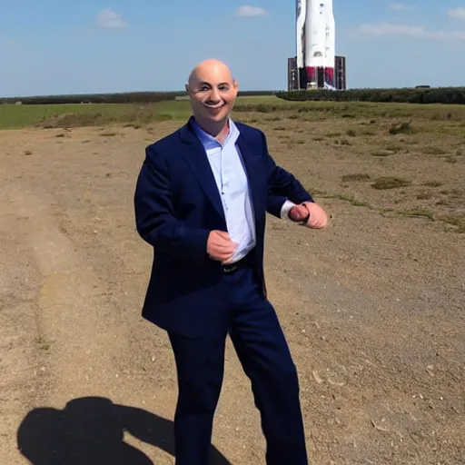 Prompt: A bald Tory Bruno in a suit, riding atop a rocket engine