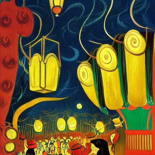 Prompt: detailed painting of cats and caterpillars at a carnival at night watching paper lanterns, in the style of eyvind earle and vincent van gogh