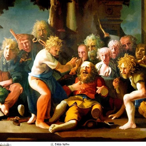 Prompt: Baroque painting of a group of Hobbits arguing who gets the next turn on Playstation,