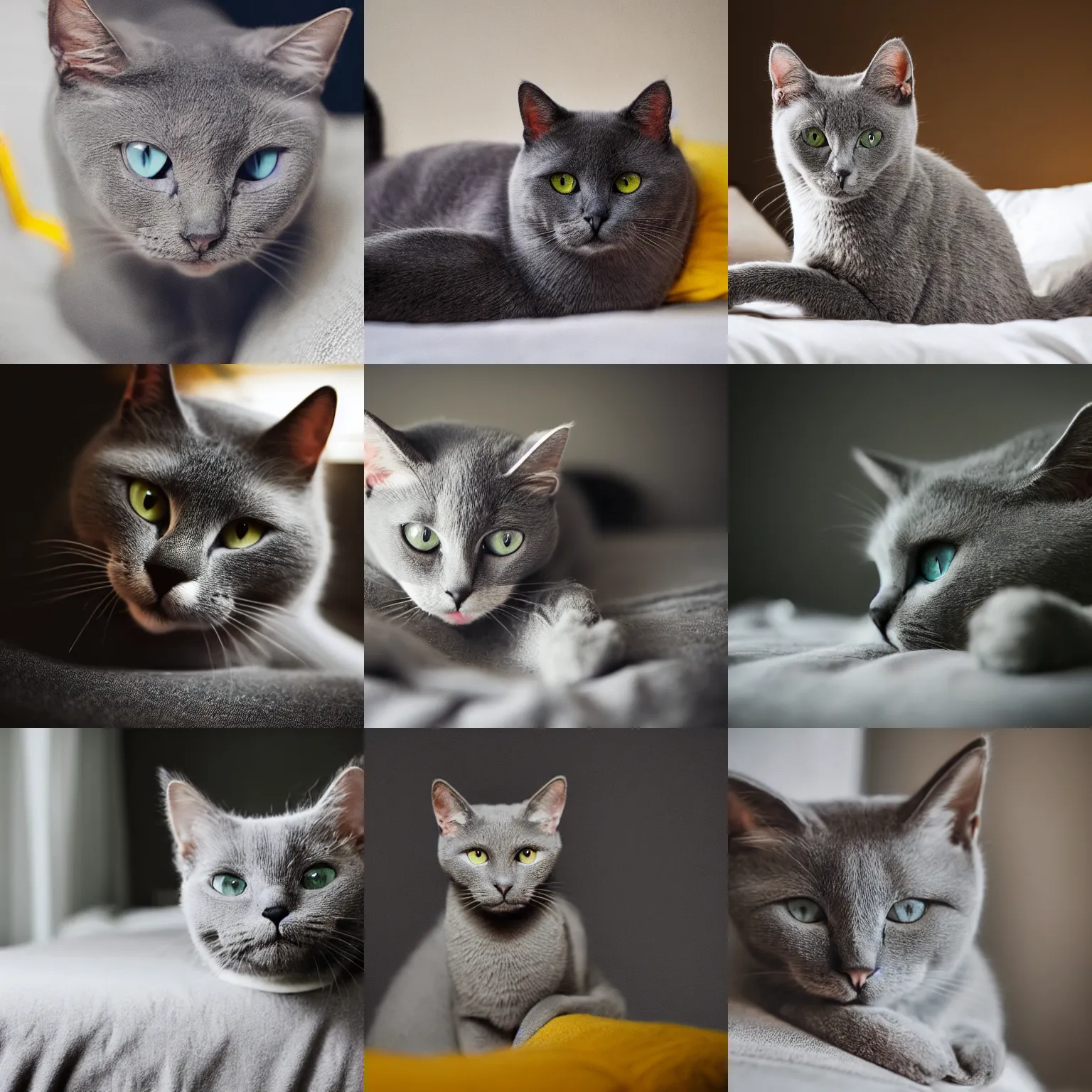 Prompt: a cute gray cat looking up with big sad yellow eyes sitting on a bed in a dimly lit room, ultra realistic photograph