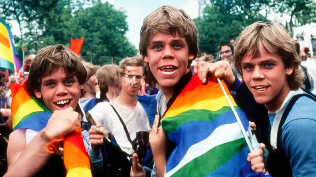 Prompt: rotj luke skywalker goes to pride, getty images, victorious, flags, parade, gay rights, bright smiles, daylight, twenty three year old luke skywalker at gay pride, 3 5 mm photography, very happy, played by young mark hamill, smiling