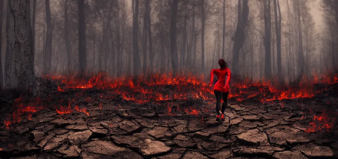 Image similar to a young woman running from a burning forest, red fog on the ground, Bleak. big stones, Dark mood. Mysterious. Doom. Realistic painting. photobashing, matte painting, highly detailed,