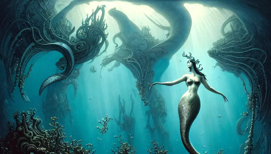 Image similar to a graceful beautiful mermaid looking at the sunken city of Atlantis deep under water, stunning undersea intricate detailed grand architecture in the style of Joe Fenton, art style by Greg Rutkowski and Mohrbacher and Gerald Brom and H. R. Giger, deep underwater scene, dark and moody, rays of sunlight, faint volumetric god rays, grim crushing atmosphere, trending on artstation, masterpiece, claustrophobic, dizzy, sharp focus, 8k octane beautifully detailed render, post-processing, extremely hyperdetailed, intricate, epic composition, grim yet sparkling atmosphere, cinematic lighting + masterpiece, trending on artstation, very detailed, Art Nouveau