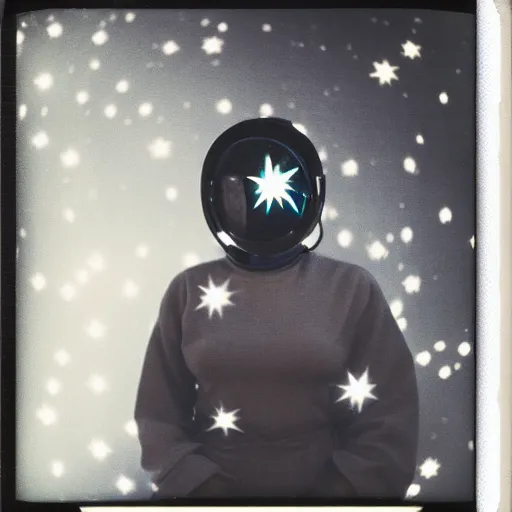 Image similar to a polaroid portrait of a beautiful woman wearing a space helmet, starry background, bokeh, lit from behind, heavy film grain, color bleed