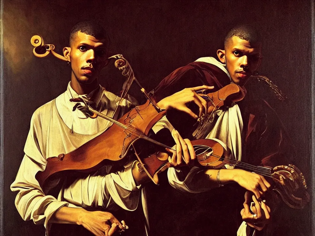 Prompt: a masterpiece portrait of stromae as a bard with a mandolin by caravaggio, epic composition, exquisite details, dark mood,
