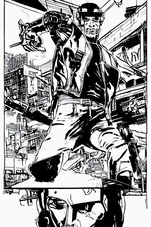 Image similar to david guretta, doing a heroic pose, a page from cyberpunk 2 0 2 0, style of paolo parente, style of mike jackson, adam smasher, johnny silverhand, 1 9 9 0 s comic book style, white background, ink drawing, black and white