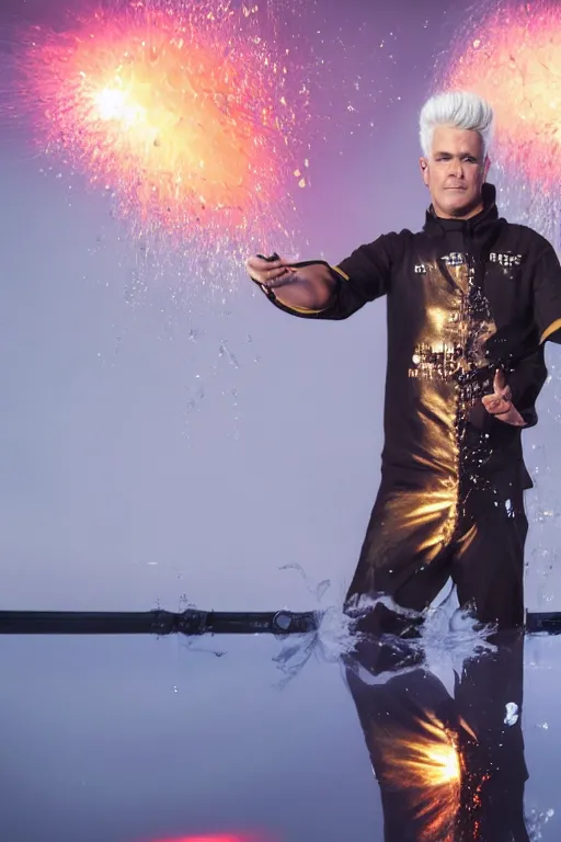 Image similar to scooter band member baxxter with white hair standing in water with explosion in background, full body, reflection in water, volumetric lighting, golden ratio