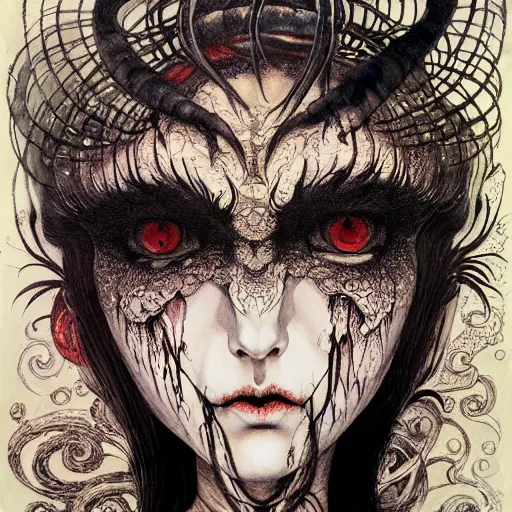 Image similar to prompt: Demon girl face painted in William Blake style drawn by Vania Zouravliov and Takato Yamamoto, intricate oil painting, high detail, Neo-expressionism, post-modern gouache marks on the side, gnarly details soft light, white background, intricate detail, intricate ink painting detail, sharp high detail, manga and anime 2000