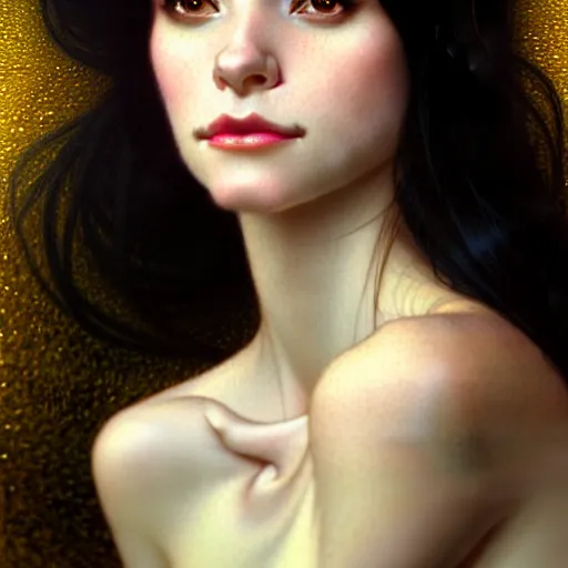 Image similar to portrait of a smiling, beautiful, pale skin female with long black hair, dark brown eyes, elegant clothing, photorealistic, highly detailed, artstation, smooth, sharp focus, neon lighting, sci - fi, art by gustav klimt, artgerm, greg rutkowski and alphonse mucha