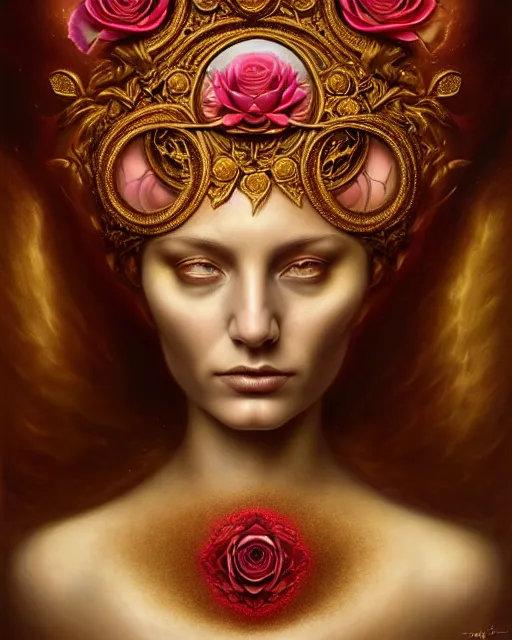 Image similar to portrait of a beautiful rose goddess, unusual beauty, esoteric, outher worldly colours, head in focus, fantasy art, ornamental rose aesthetics,, intricate, elegant, highly detailed hyperrealistic painting, artstation, concept art, painterly, golden ratio, sharp focus, illustration, art by tomasz alen kopera