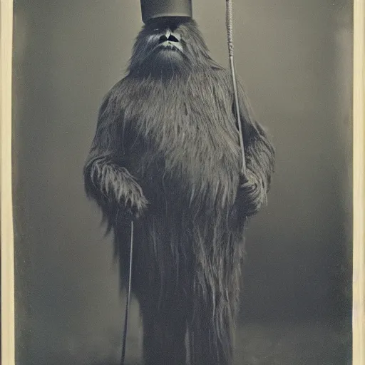 Prompt: a vintage wet plate portrait of a dignified bigfoot with a top hat and cane, extremely detailed, by edward s. curtis!!!!!!!!!!!!!!!!!!