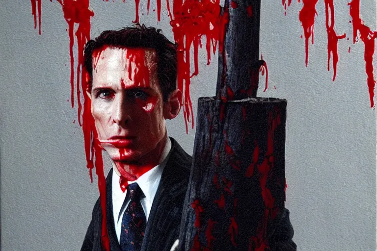 Prompt: Bald Patrick Bateman from American Psycho (2000) swinging an ax in with his hands while wearing a poncho covered in blood, hyperrealism painting, high quality
