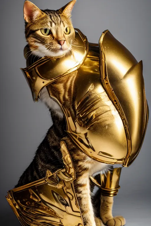 Image similar to a cat wearing gold plated armor, studio lighting