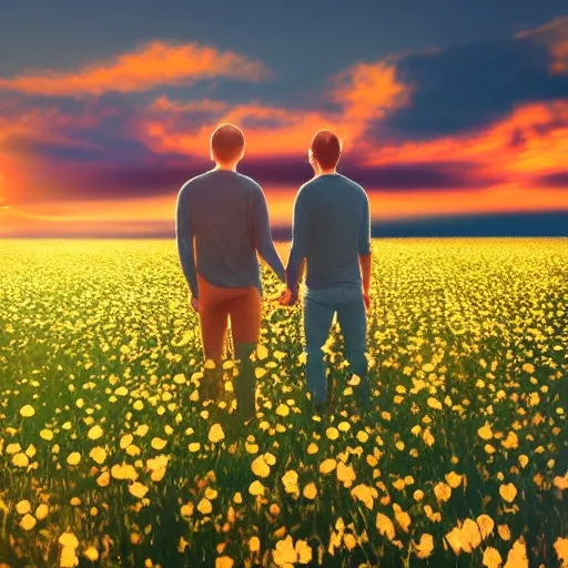 Image similar to a gay couple holding hands in a field of flowers at sunset, realistic, intricate, 4k