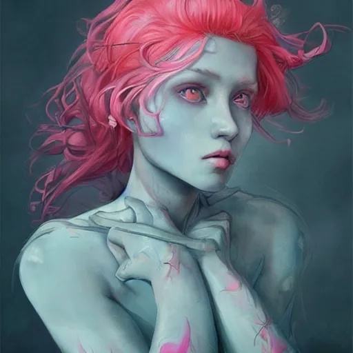 Image similar to beautiful warrior angel with pink hair, upper body, blue piercing eyes, mystery, love, thin features, beautiful aesthetic, by james jean, trending on artstation, digital art