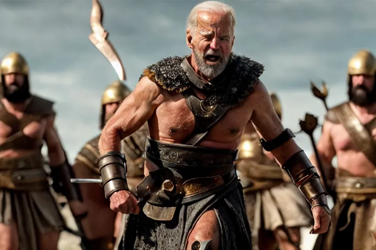 Image similar to epic cinematic action shot of joe biden as leonidas in 3 0 0 movie, 8 k