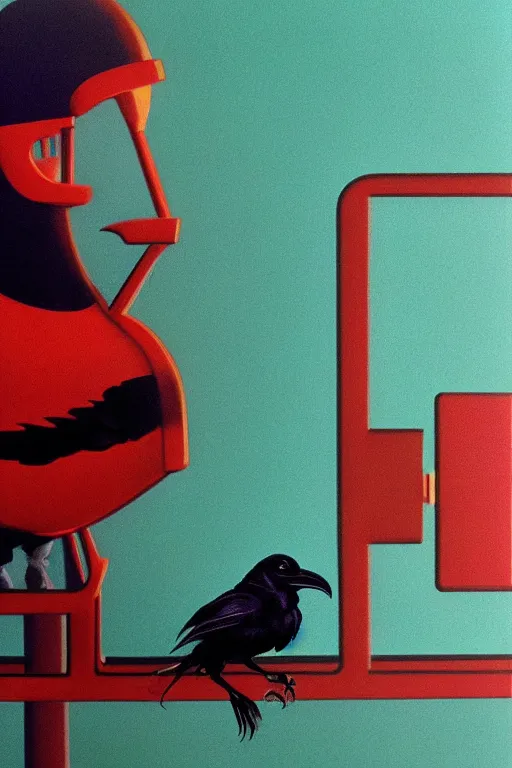 Image similar to a raven standing amongst 8 0 s era technology, vintage shapes, retro technology, pantone color, wayne barlow, oil on canvas, deep depth of field, masterpiece, cinematic composition, hyperdetailed