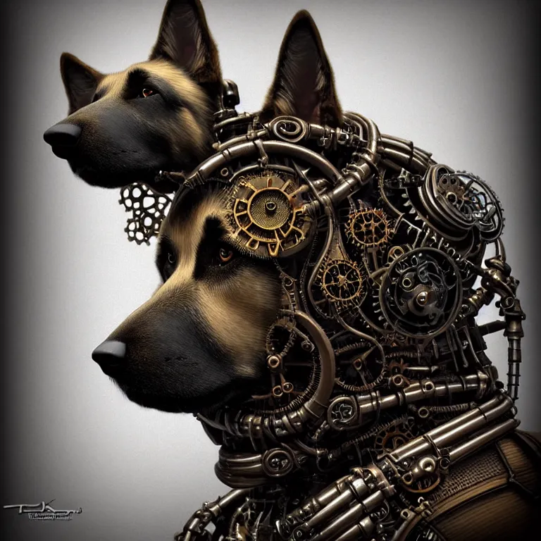 Prompt: steampunk cybernetic biomechanical german shepard, front facing, symmetric, 3 d model, very coherent symmetrical artwork, unreal engine realistic render, 8 k, micro detail, intricate, elegant, highly detailed, centered, digital painting, artstation, smooth, sharp focus, illustration, artgerm, tomasz alen kopera, wlop