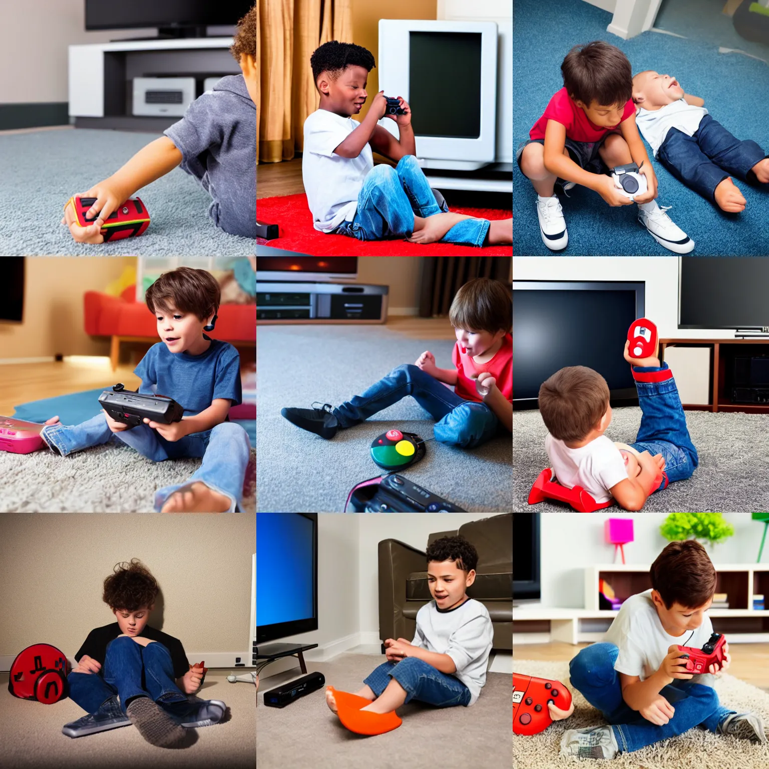 Prompt: kid sat on the floor playing on a nintendo at night in front of a tv