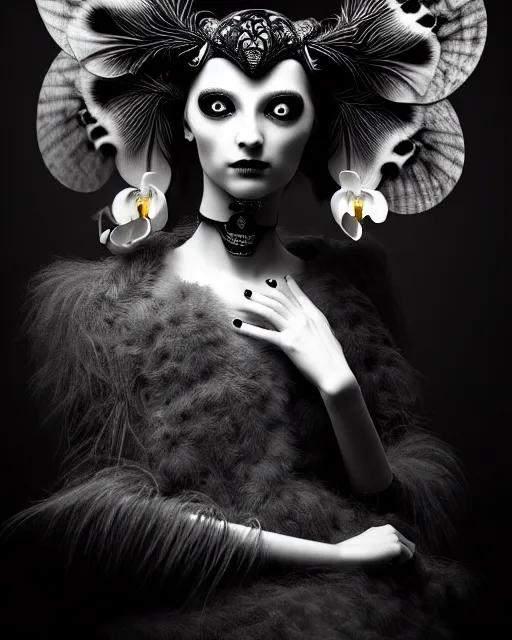 Image similar to surreal mythical dreamy dark artistic black and white fine art 3 / 4 fashion portrait photo of a young beautiful delicate female robot - witch - owl with orchid - doll face, rim light, cinematic, studio dramatic light, poetic, masterpiece, octane render, 8 k, photo - realistic by gustave dore hg giger