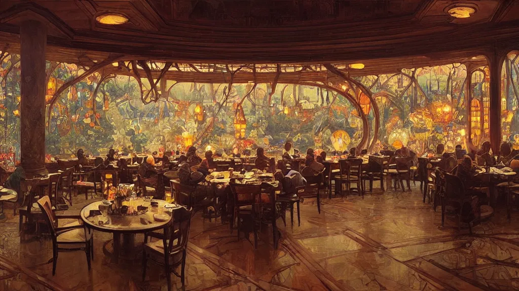 Prompt: a beautiful painting of the view from the river of the interior of a round restaurant designed by frank lloyd wright, at night with a sky full of stars, intricate, elegant, highly detailed, digital painting, artstation, concept art, by krenz cushart and artem demura and alphonse mucha