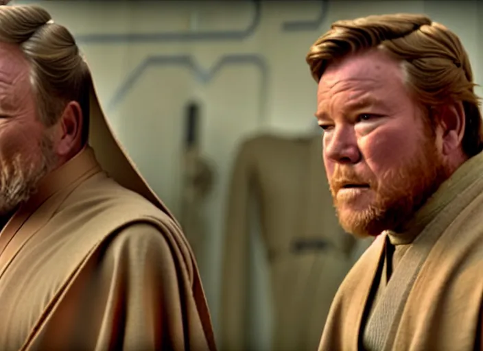 Prompt: young william shatner as obi - wan kenobi, wearing a robe, in star wars : the force awakens ( 2 0 1 5 ). movie still