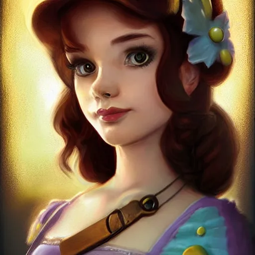 Image similar to cute princess daisy from super mario as realistic brunette human character art portrait, matte fantasy painting, deviantart artstation, by jason felix by steve argyle by tyler jacobson by peter mohrbacher, cinema c 9. 0