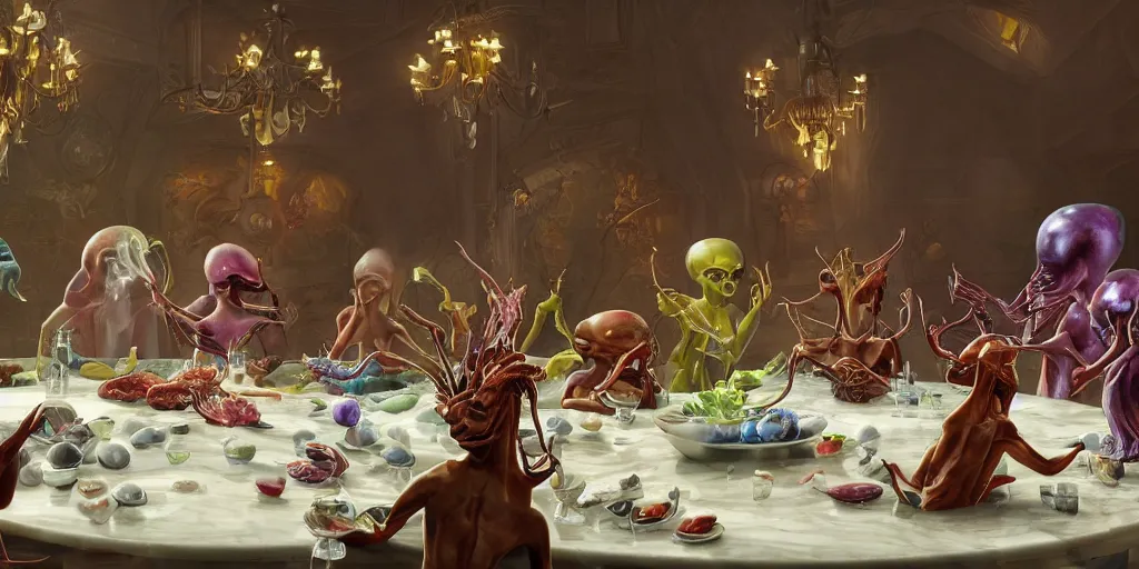 Image similar to !view from the kitchen, chefs cooking, in the background we see 13 diverse aliens enjoying a rich salad around a marble table, !positioned as last supper cinematic lighting, crystals and diamonds, fantasy, surreal, floating, highly detalied, 4k, artstation, by Wayne Barlowe