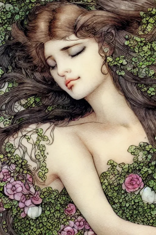 Image similar to closeup face shot of sleeping woman with long hair on a bed surrounded by ivy and flowers, fantasy art, trending on artstation, sleeping beauty fairytale, art by luis royo and walter crane and kay nielsen, watercolor illustration,