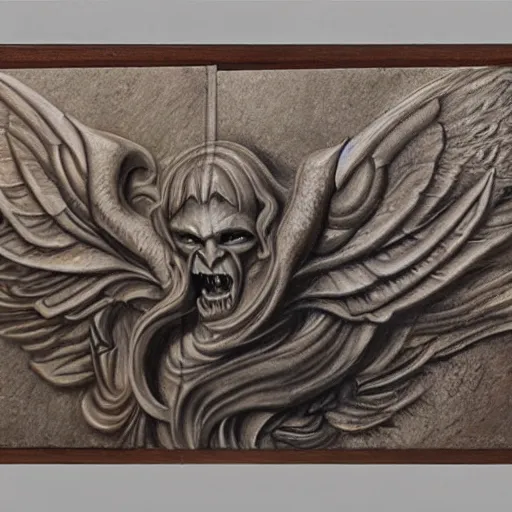 Prompt: polished rectangular stone with demon wings and a subtle male demon face engraved in the stone, oil painting, detailed, realistic