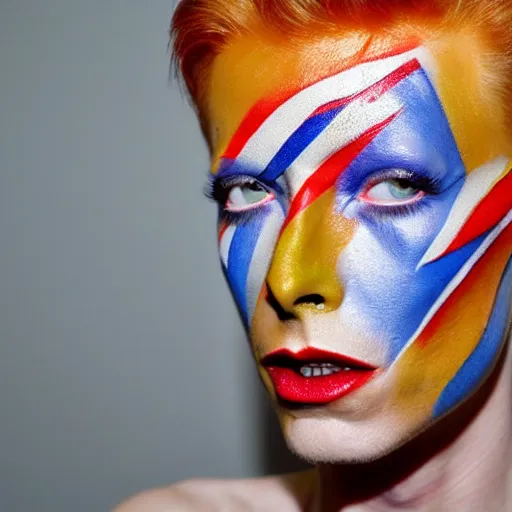 Image similar to a picture of a fresh apricot painted with david bowie's lightning make - up