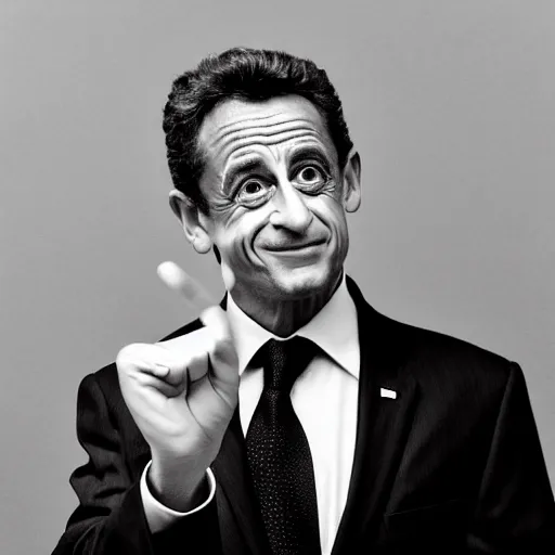 Image similar to security camera image portrait of Nicolas Sarkozy, heavy grain, overexposed flash