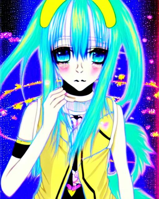 Image similar to a hologram of rimuru tempest, sky blue hair, golden yellow eyes, wearing black stylish clothing, holography, irridescent, baroque rococo visual kei decora art