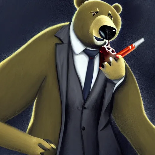 Image similar to a anthropomorphic bear beast - man in a suit smoking a cigar while drifting in a lamborghini, digital art