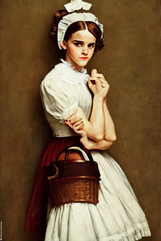 Prompt: photo photorealistic portrait photograph Emma Watson as maid portrait by Norman Rockwell