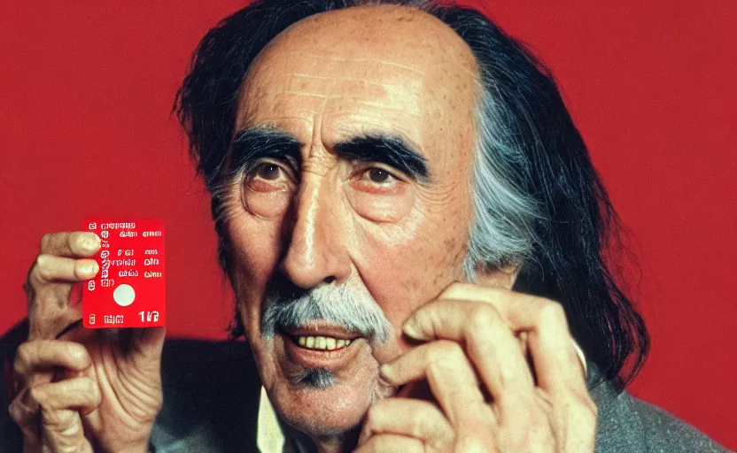 Image similar to movie still close-up portrait of Christopher Lee as a Victorian inventor proudly holding a small red plastic card with holes punched in it, by David Bailey, Cinestill 800t 50mm eastmancolor, heavy grainy picture, very detailed, high quality, 4k, HD criterion, precise texture and facial expression