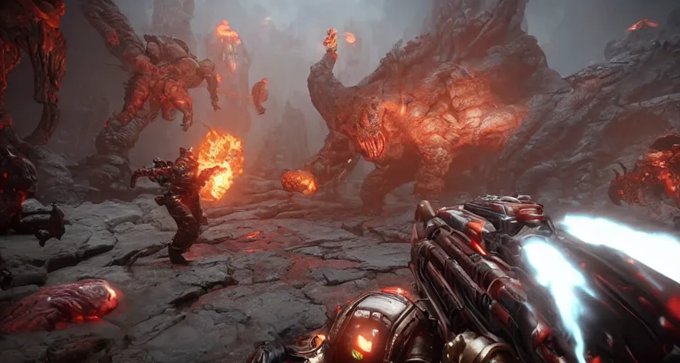 Image similar to gameplay of doom eternal, shooting a demon monster, ambient lighting, concept art, intricate, hyper detailed, smooth, action, volumetric lighting, 3 d render, unreal, octane