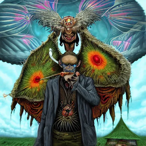 Prompt: 8K Portrait of centered chest up of a psychedelic godlike mothman shaman with moth face and giant mandala wings smoking a hand-rolled cigarette smoking heavily , magic mushroom village in background , post-processing , award winning. superb resolution. in the art style of junji Ito and greg rutkowski . Detailed Mushroom city in background. Hyper realistic anime. Perfect art. Dalle2